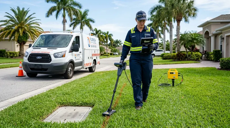 Contractor tracing underground water main supply line with electromagnetic pipe locator in Apopka FL